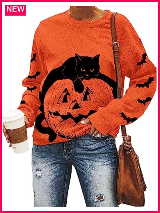 Sweaters - Cotton Polyester Halloween Black Cat Pumpkin Sweatshirt Women Lightweight
